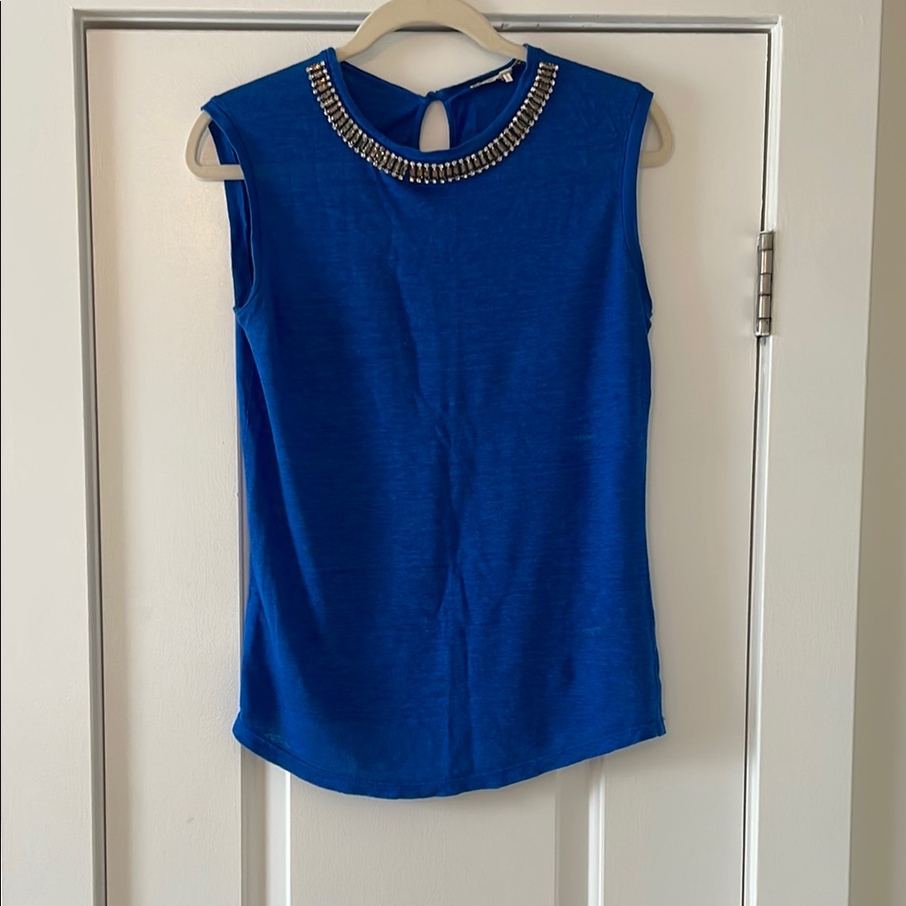 Maje Blue Sleeveless Top with Embellished Neckline